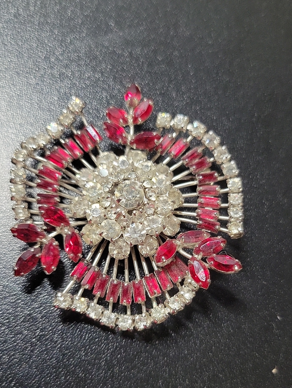 Vintage Red and Clear Crystal Floral Brooch - Women Jewelry